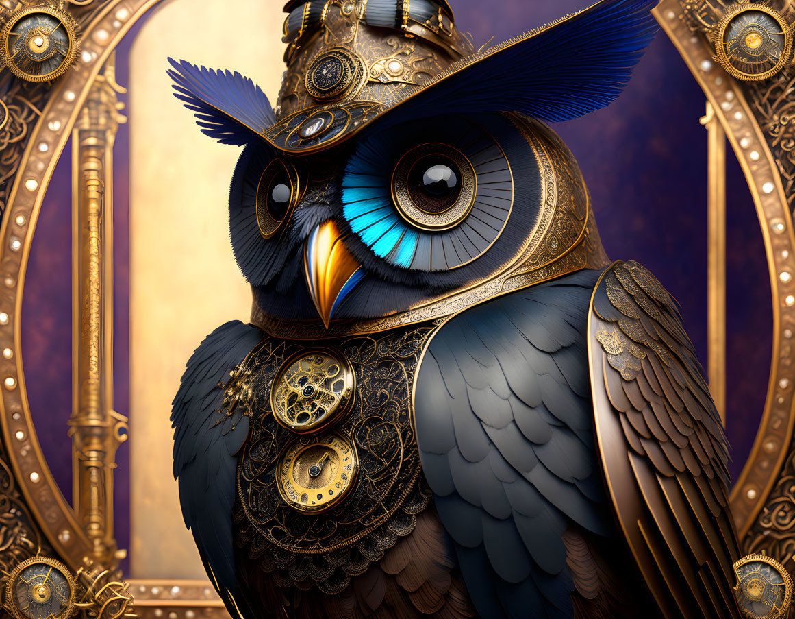 Steampunk-inspired owl with mechanical features and blue eyes on golden background