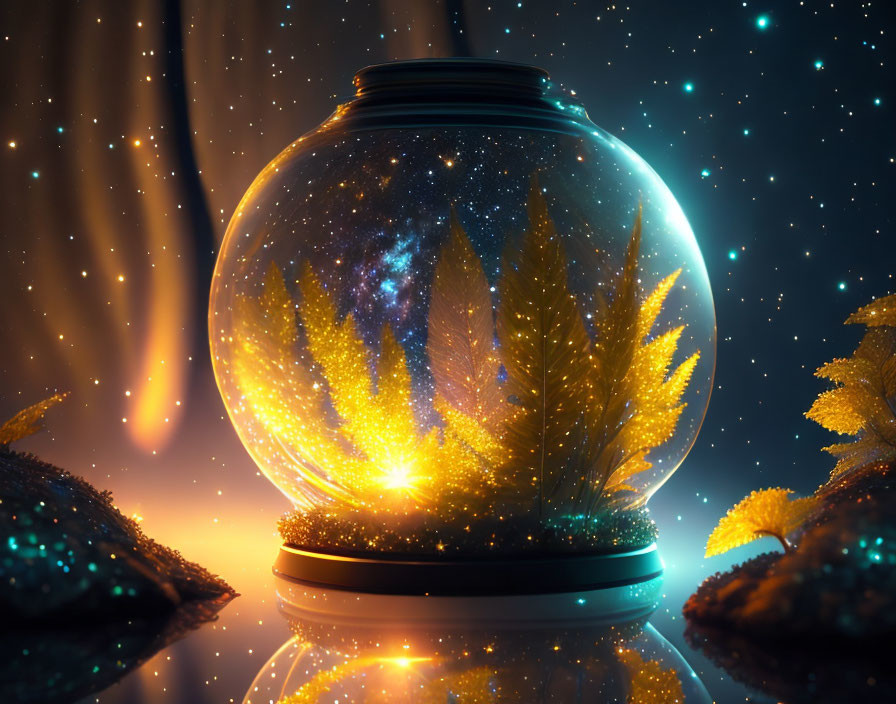 Glass terrarium with glowing celestial ferns on starry night sky background