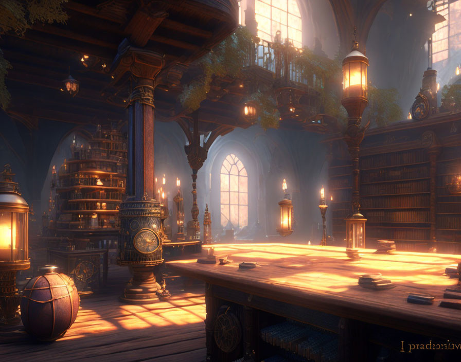 Enchanting library with lanterns, clock, celestial globe, and bookshelves