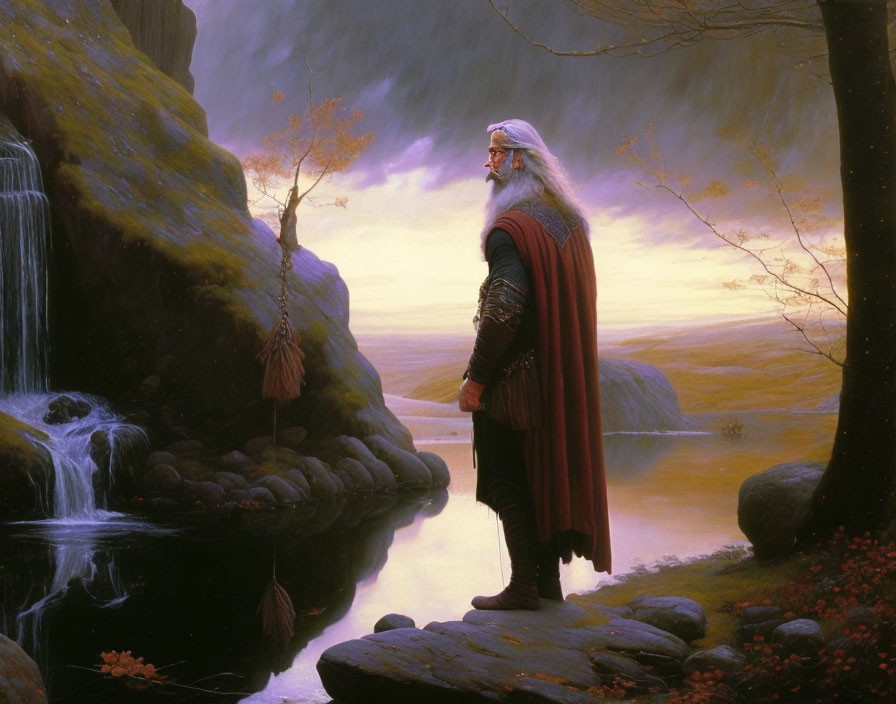 Elderly man in red cloak by serene waterfall at dusk