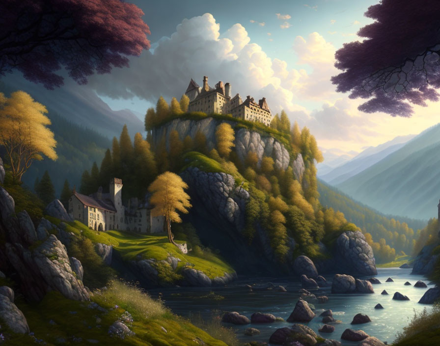 Majestic castle in serene fantasy landscape