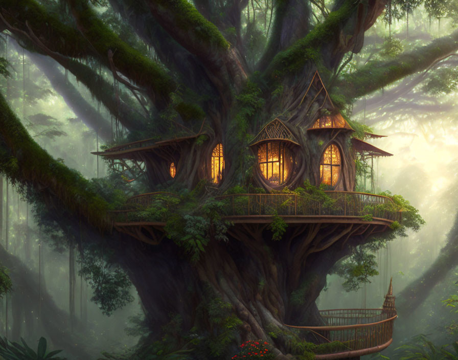 Glowing windows treehouse in misty forest