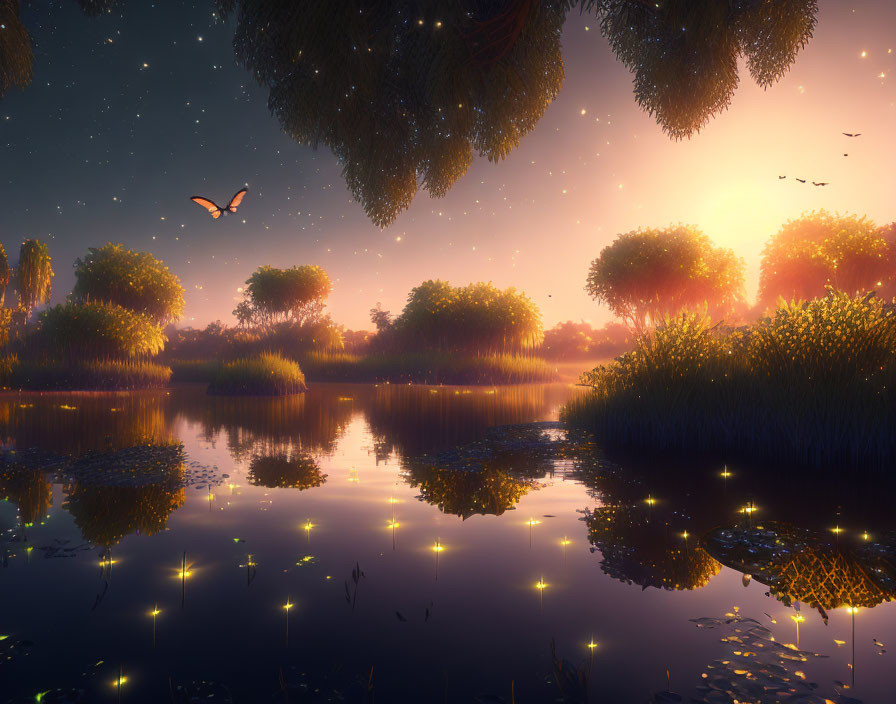 Tranquil Dusk Landscape with Willow Trees, Lake, Fireflies, Butterfly, Birds, and