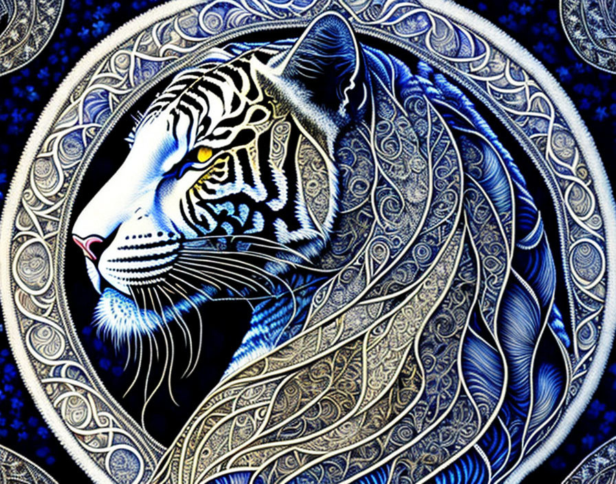 White tiger digital art with blue patterns on mandala backdrop