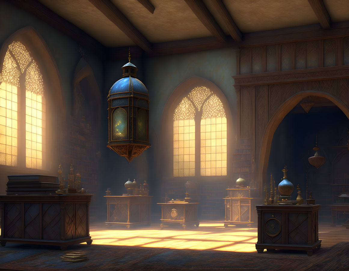 Medieval-style study room with hanging lantern, stained-glass windows, wooden desks, books, and