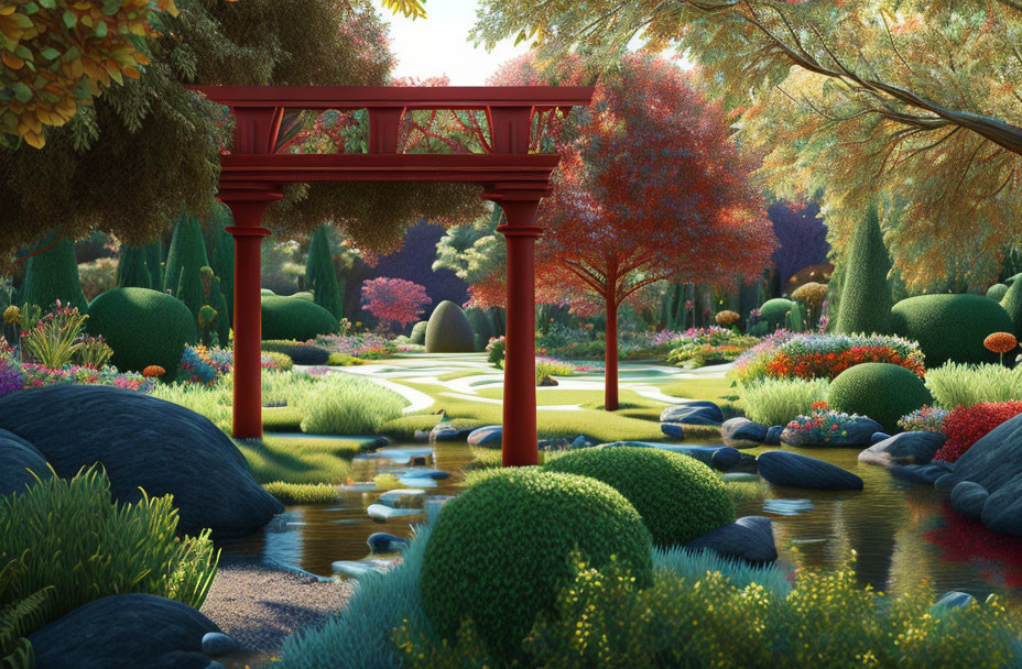 Tranquil garden with red archway, lush greenery, colorful flowers, and meandering stream