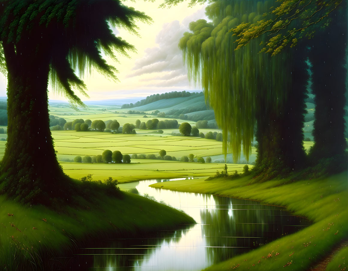 Landscape with Green Trees, River, and Rolling Hills