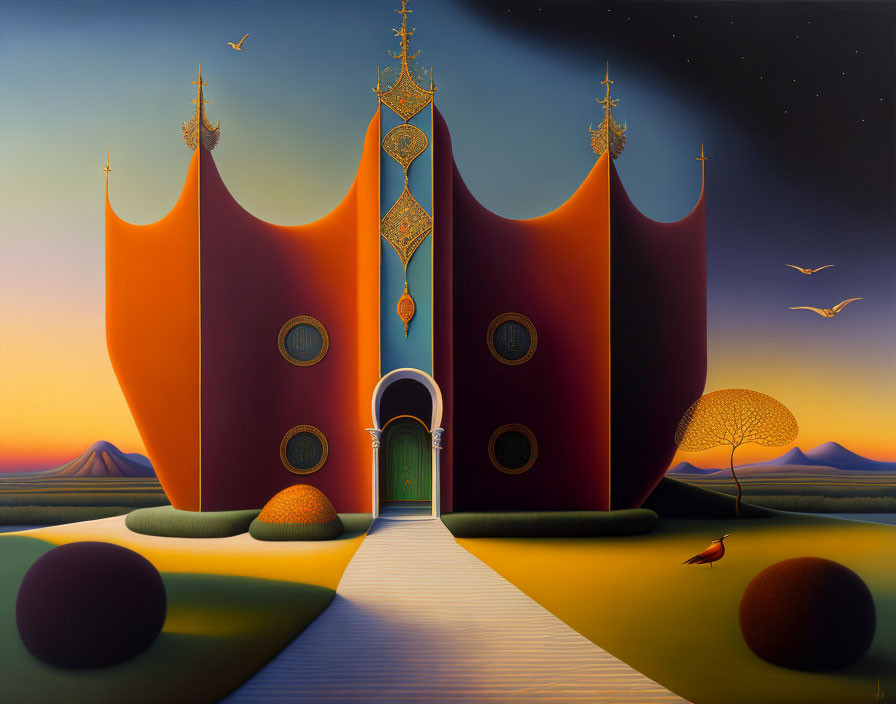 Surreal painting of castle with curved spires, banners, pathway, spheres, and birds