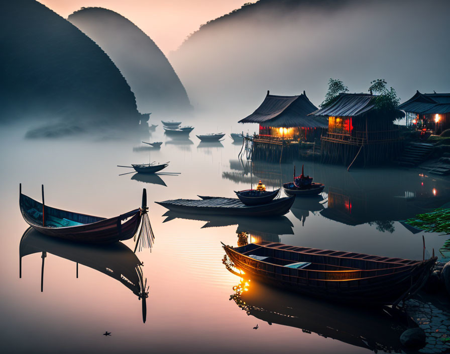 Traditional boats on calm water with misty hills and warmly lit huts at dusk or dawn