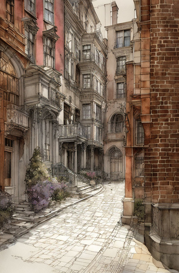 Detailed Watercolor Painting of Cobblestone Street and Vintage Buildings