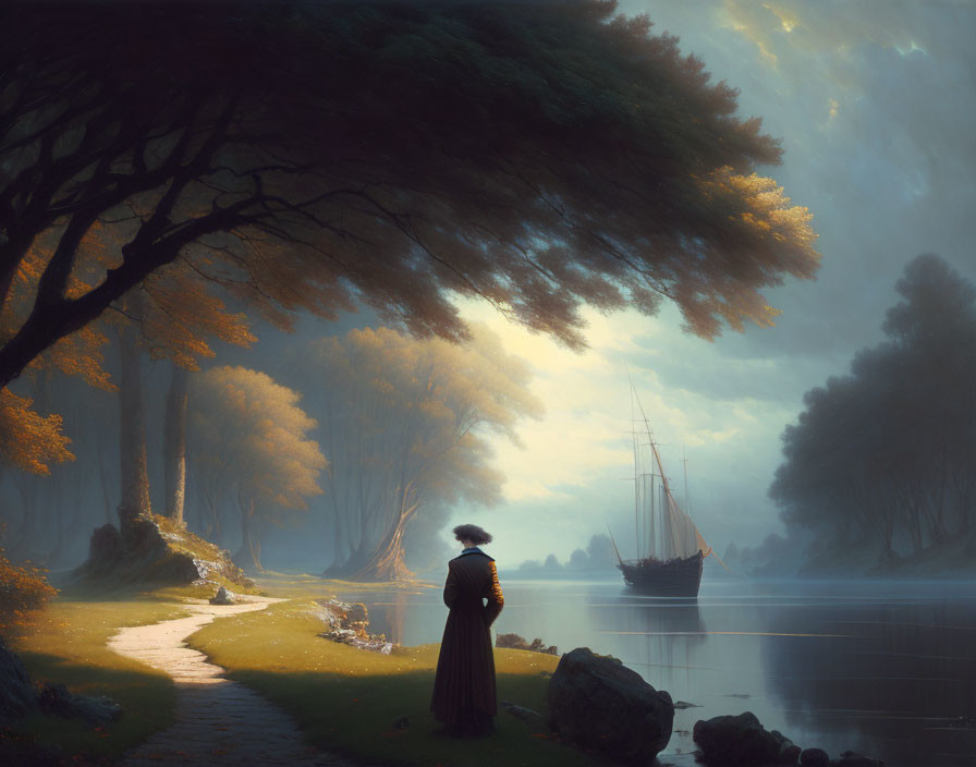 Vintage-dressed person by serene lake with sailboat in misty landscape