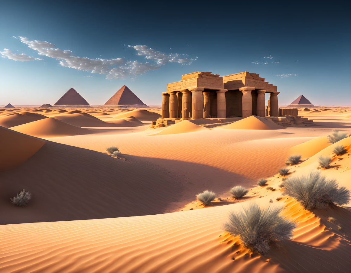 Ancient Egyptian Temple and Pyramids in Desert Landscape