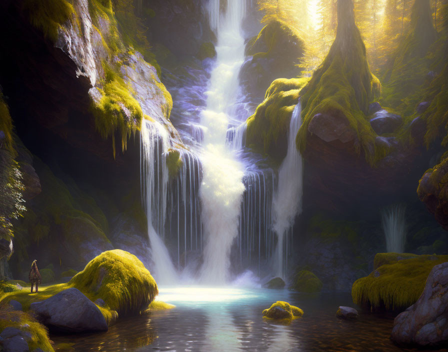 Tranquil waterfall scene with moss-covered rocks and sunlight beams