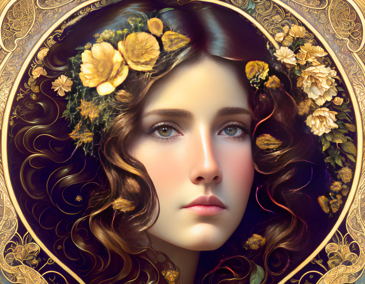 Detailed Illustration: Woman with Wavy Hair & Golden Flower Adornments