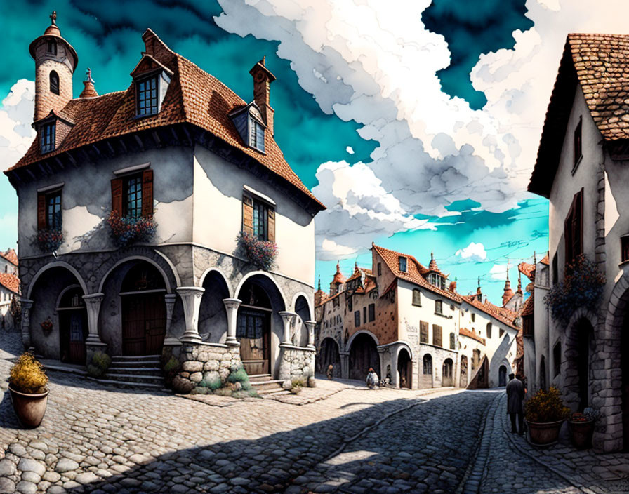 Traditional European town street with cobblestones and quaint houses.