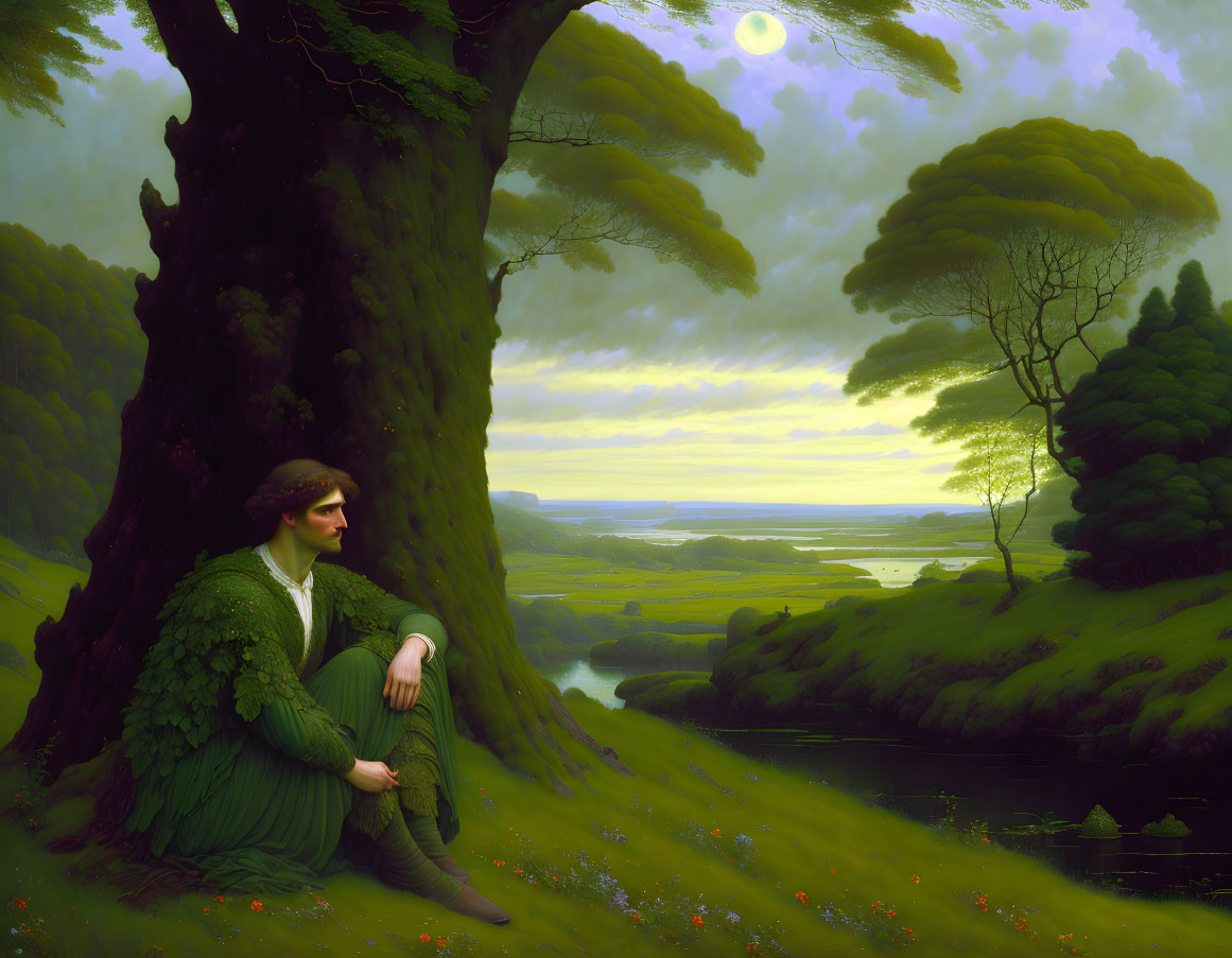 Medieval-themed artwork: contemplative figure in green attire under a large tree by a river at twilight