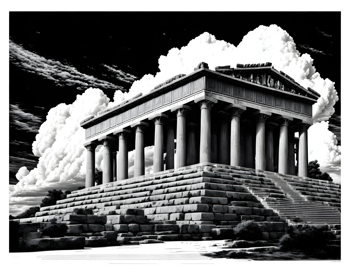 Monochrome neoclassical building with columns on steps under dramatic sky