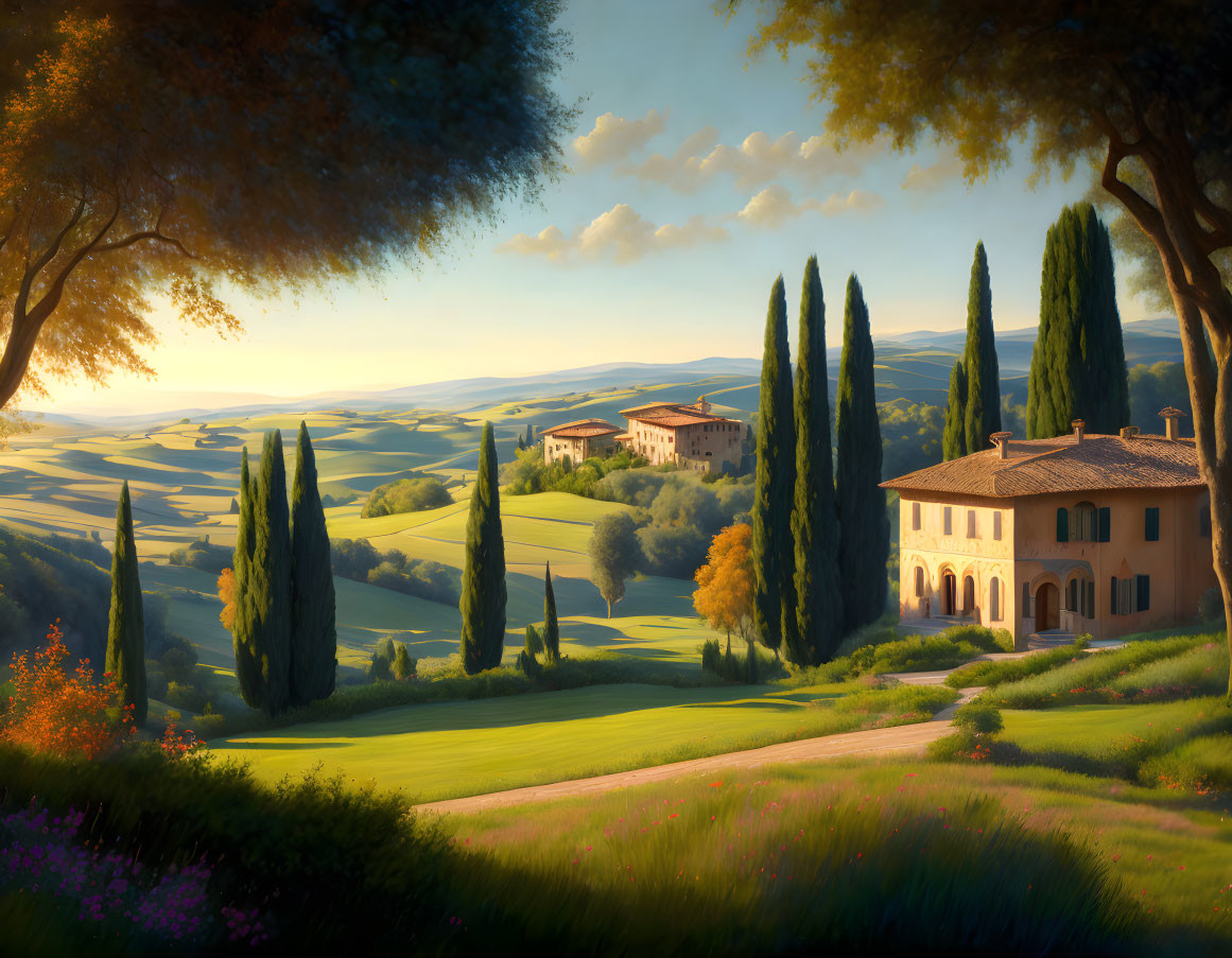 Tranquil Tuscan landscape: rolling hills, cypress trees, rustic villas at sunset