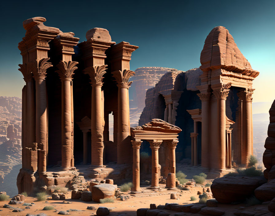 Ancient rock-cut architecture with tall columns and intricate carvings in desert landscape