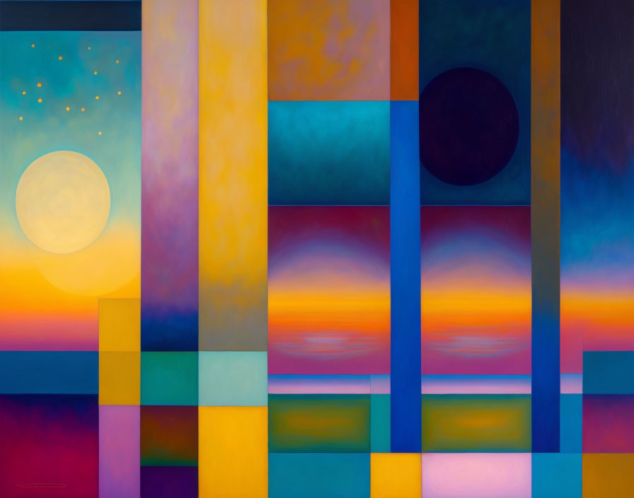 Geometric painting with warm and cool gradient tones and celestial circles on segmented background.