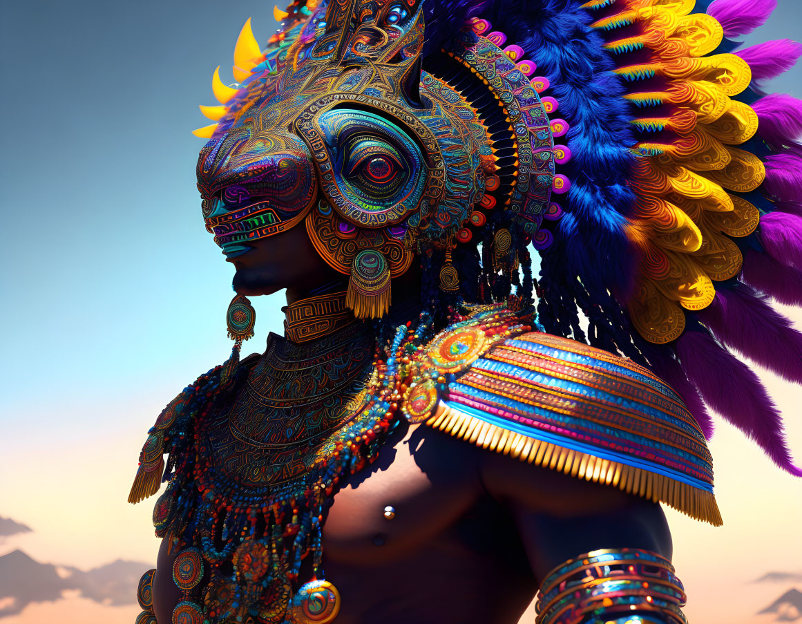 Colorful Aztec-inspired figure with elaborate headdress in digital art