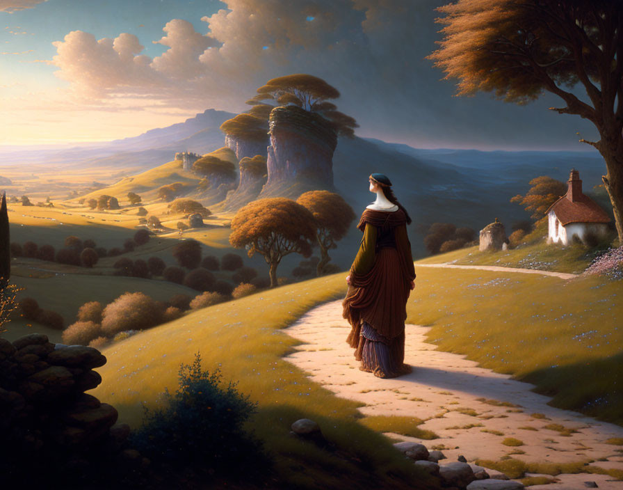 Woman in flowing dress on serene path in sunlit landscape with hills, trees, and castle