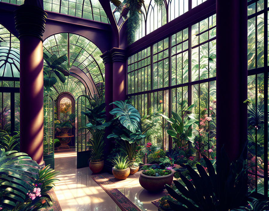 Lush Greenery in Ornate Glasshouse with Sunlight Filtering