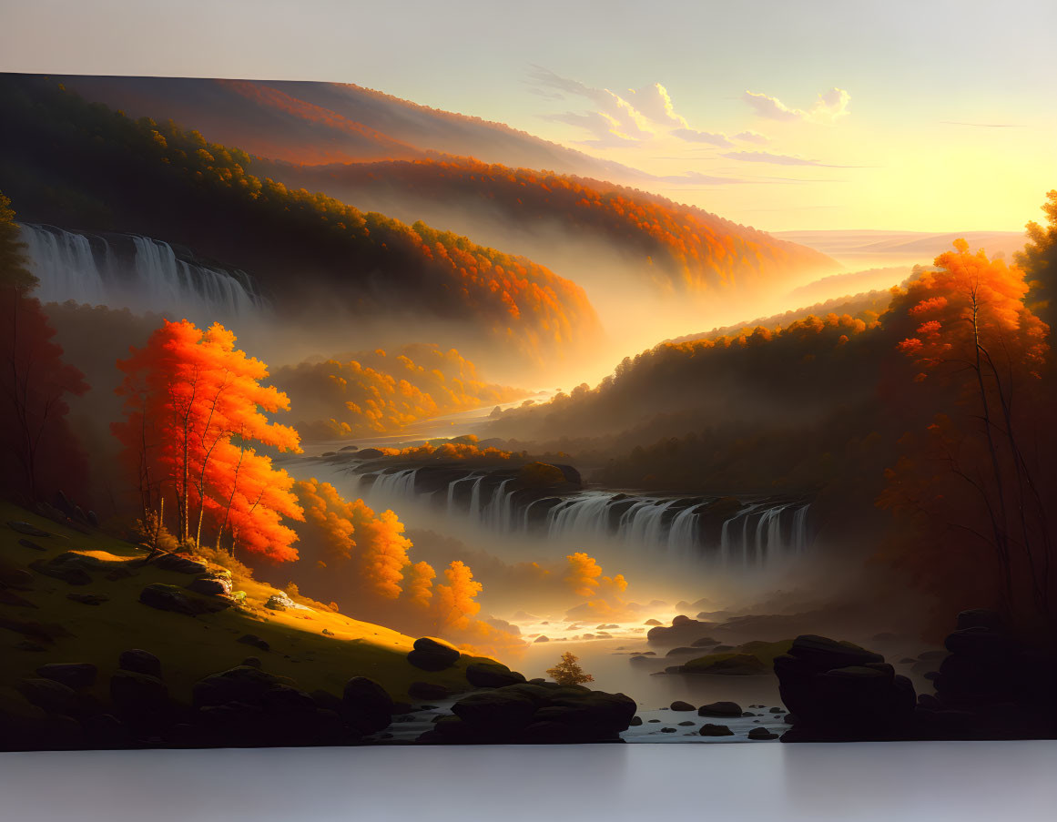 Tranquil digital art: waterfall in forest with autumn trees