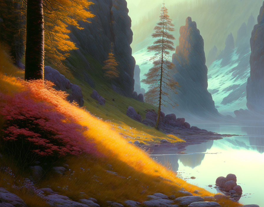 Ethereal autumn landscape with rocky cliffs and serene lake