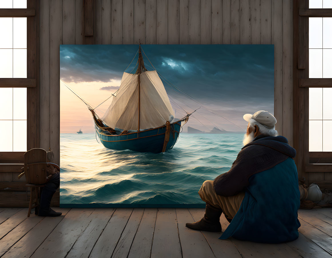 Elderly man admires sailing boat painting indoors