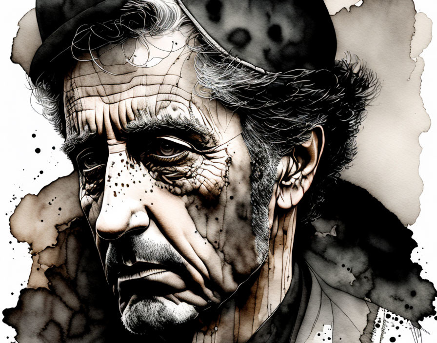 Elderly man illustration with expressive eyes and ink splatters