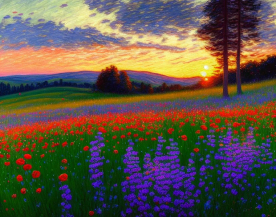 Colorful Sunset Painting with Trees and Flowers