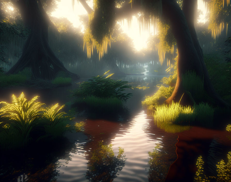 Misty forest with sun rays, hanging moss, and serene water body