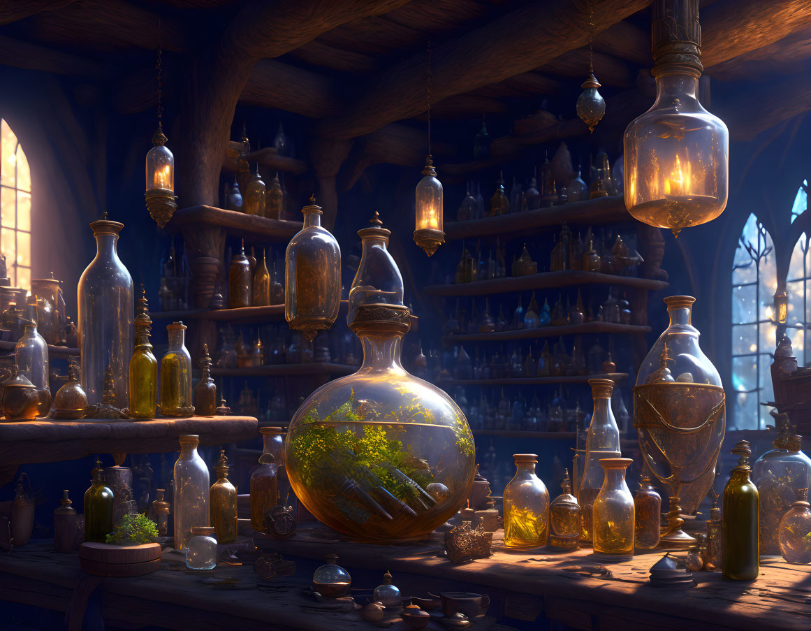 Enchanting Apothecary Shop with Potion Bottles and Glass Lanterns