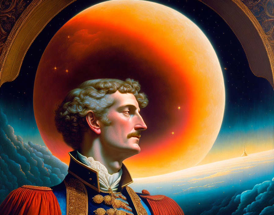 Surreal portrait of man in historical military attire with giant glowing red planet and ship in clouds