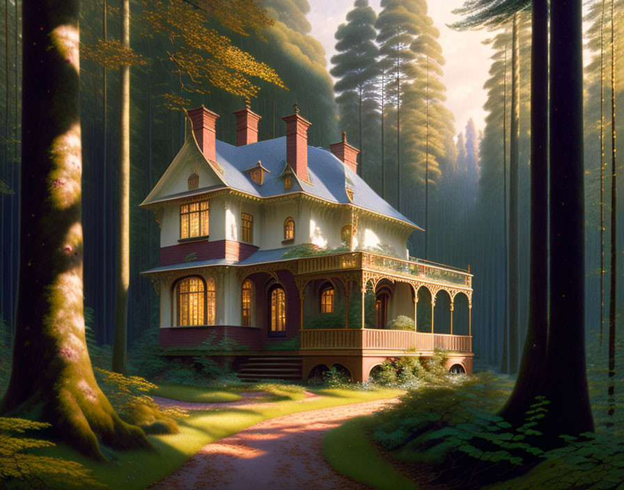 Victorian-style house in sunlit forest with towering trees