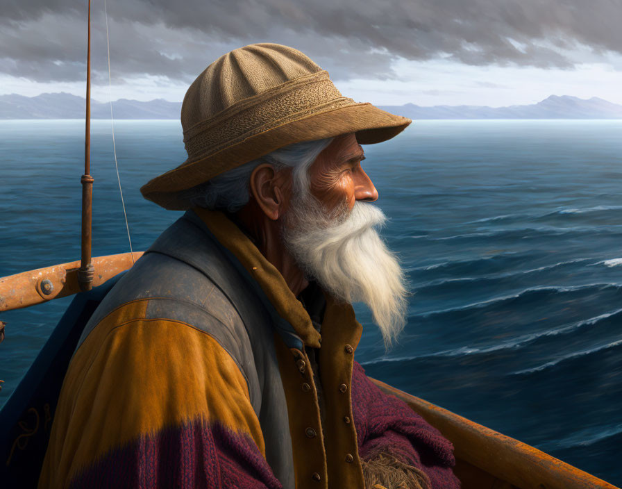 Elderly bearded man on boat gazing at sea under cloudy sky