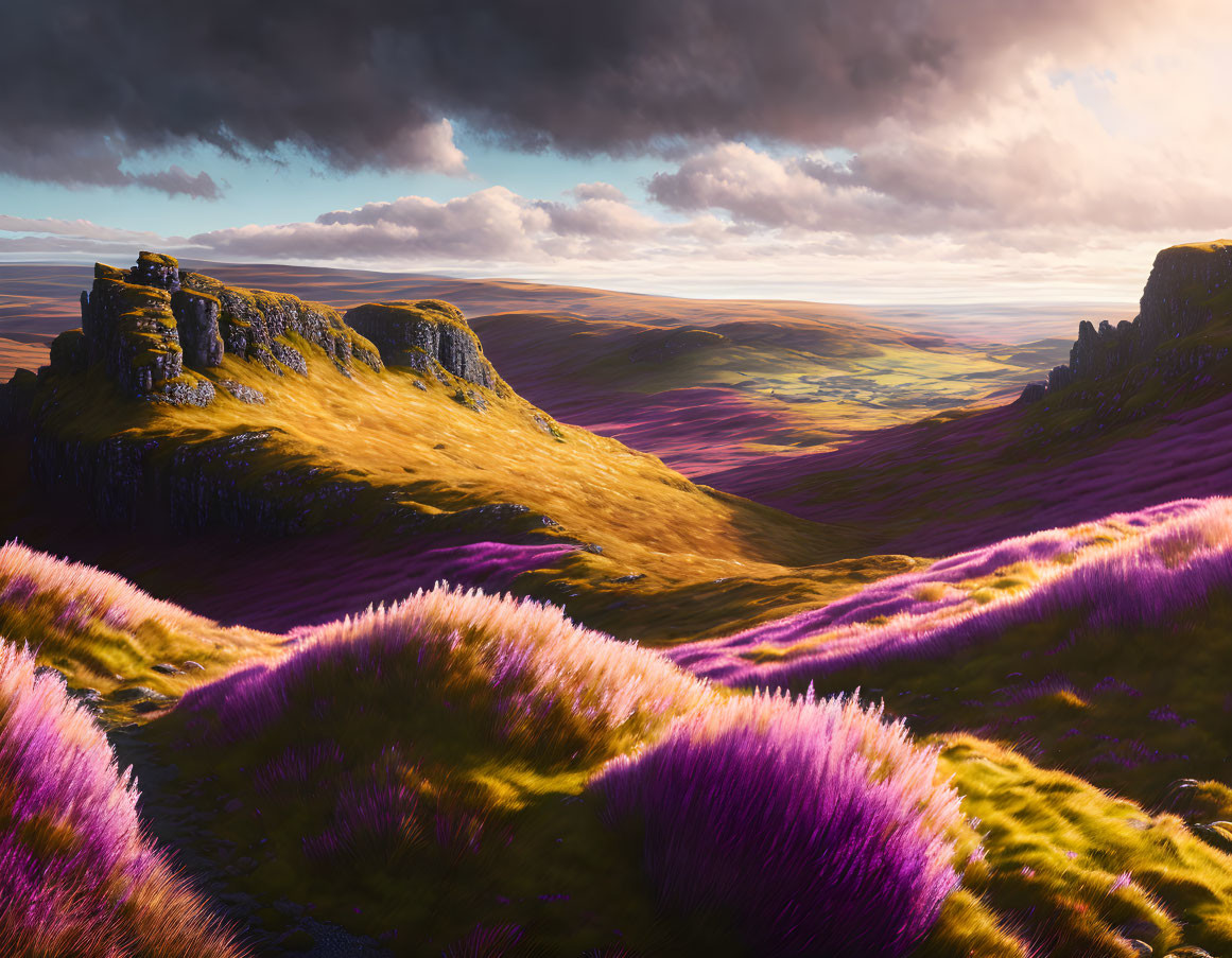 Scenic landscape with purple heather, dramatic sky, and rocky outcrops