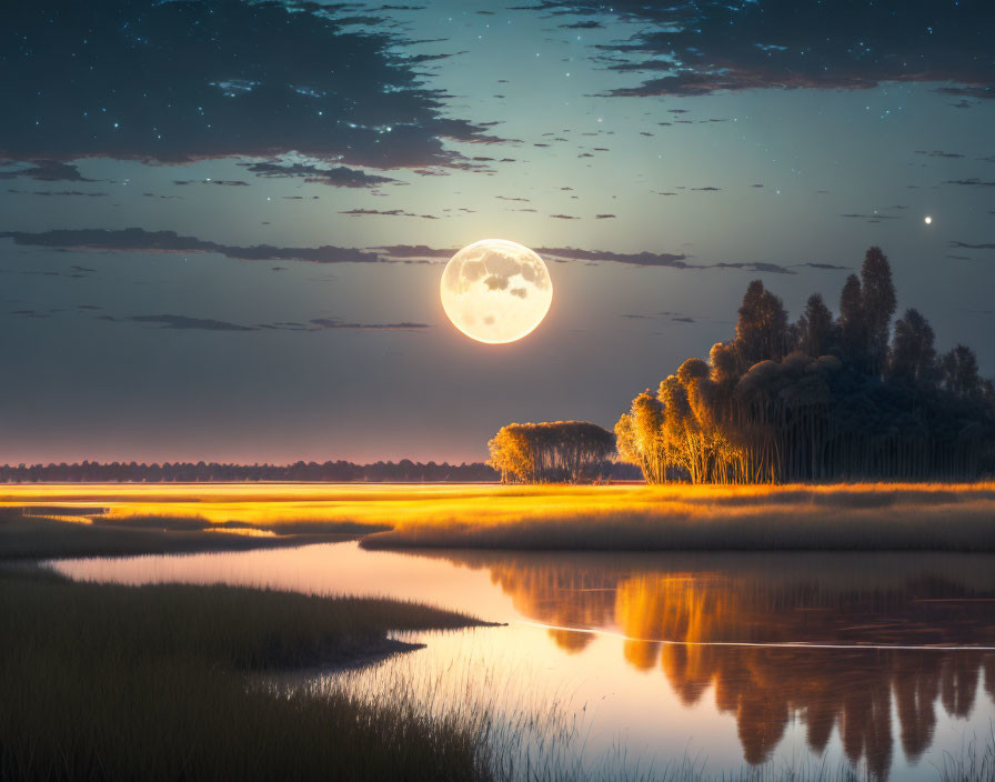 Full Moon Over River in Serene Nightscape