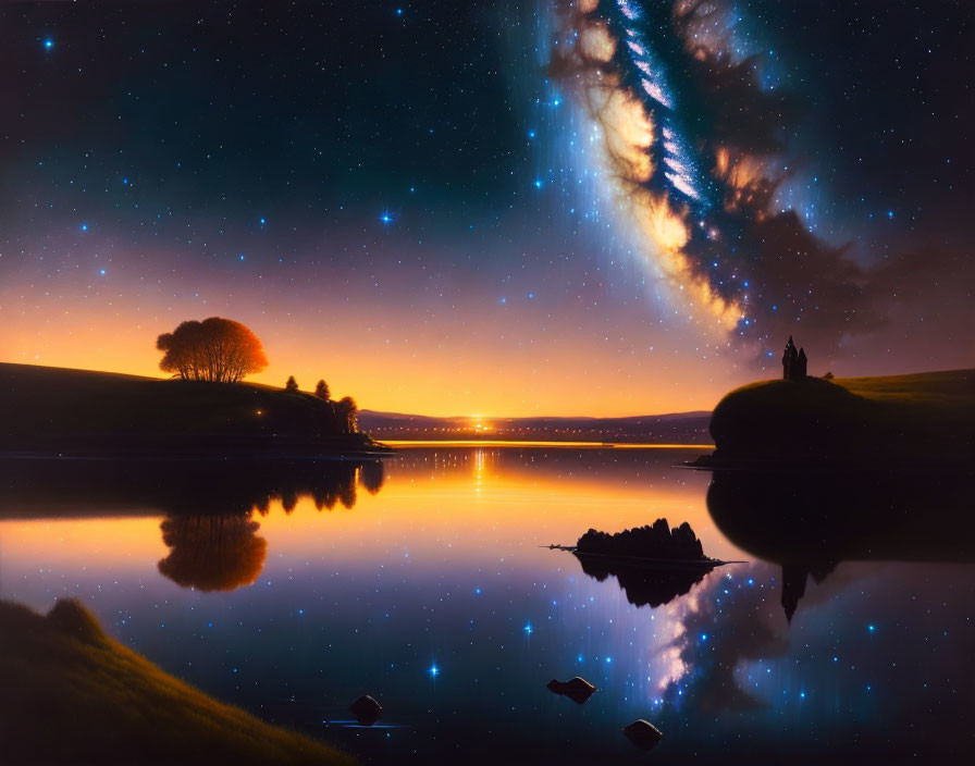 Starry night landscape with lake, tree silhouettes, and Milky Way