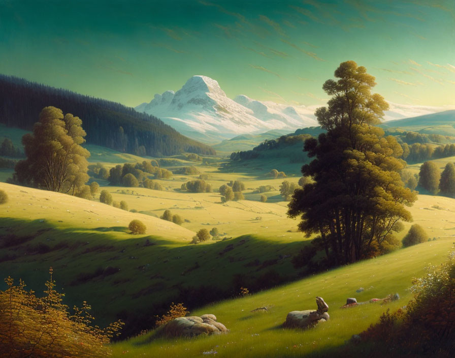 Sheep grazing in lush green meadows with snowy mountains and trees.