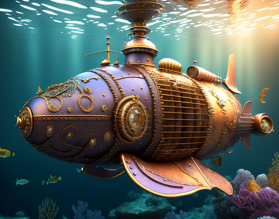 Steampunk submarine adorned with gold and brass fittings in vibrant underwater scene