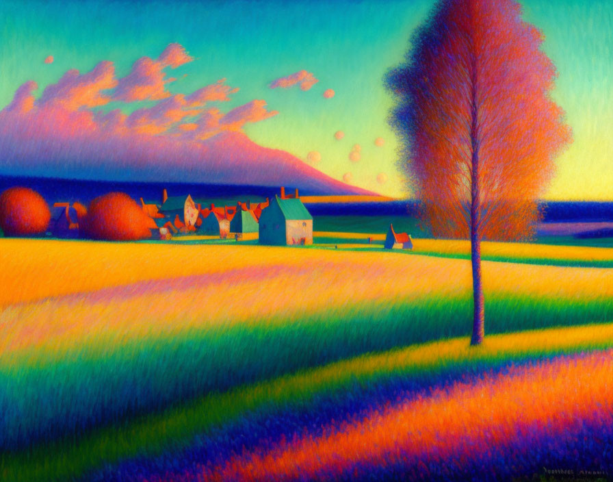 Colorful landscape painting: tall tree, vibrant fields, distant buildings, pastel sky