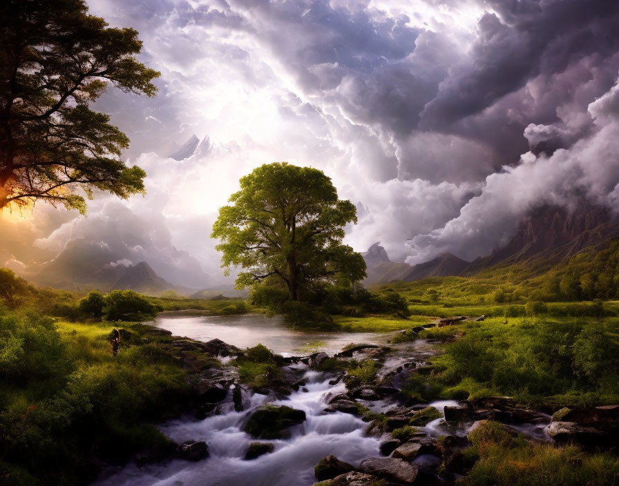 Scenic landscape with stream, greenery, and dramatic sky