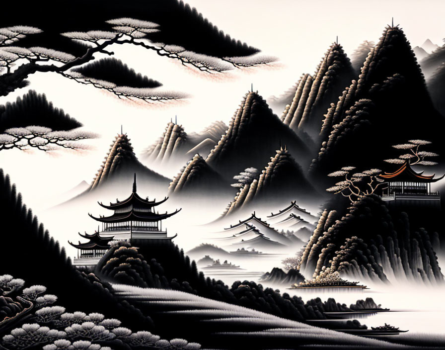 Detailed black and white Asian landscape illustration with pagodas and misty mountains.