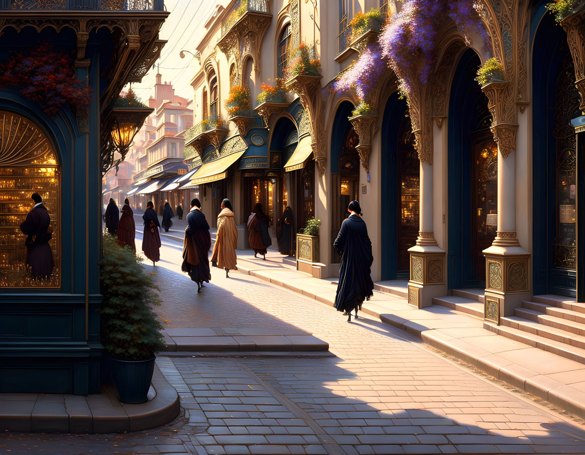 Sunlit Street with Cloaked Figures and Flower-Adorned Shops