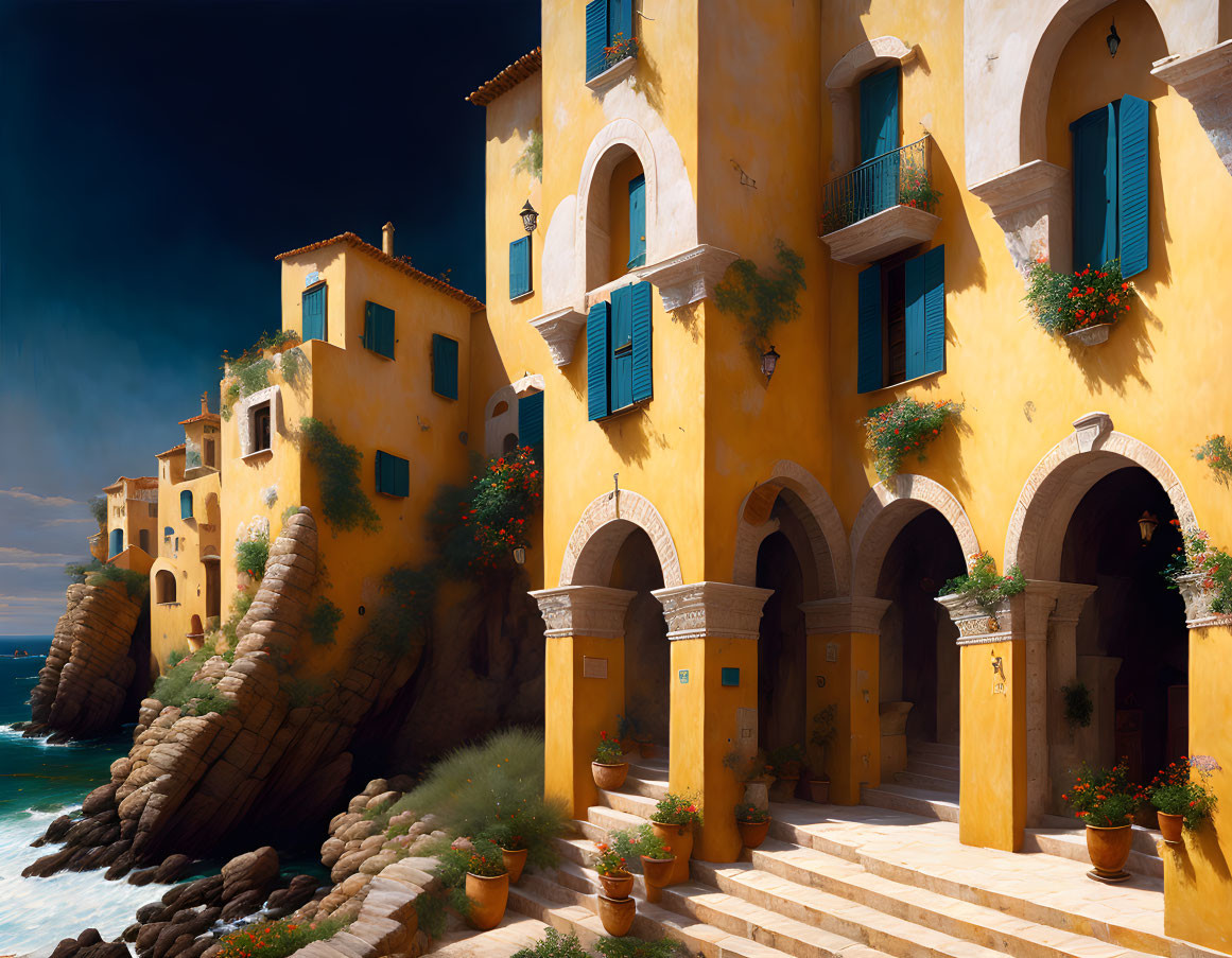 Warm-toned coastal buildings with red flowers, rocky cliffs, and sunny sky