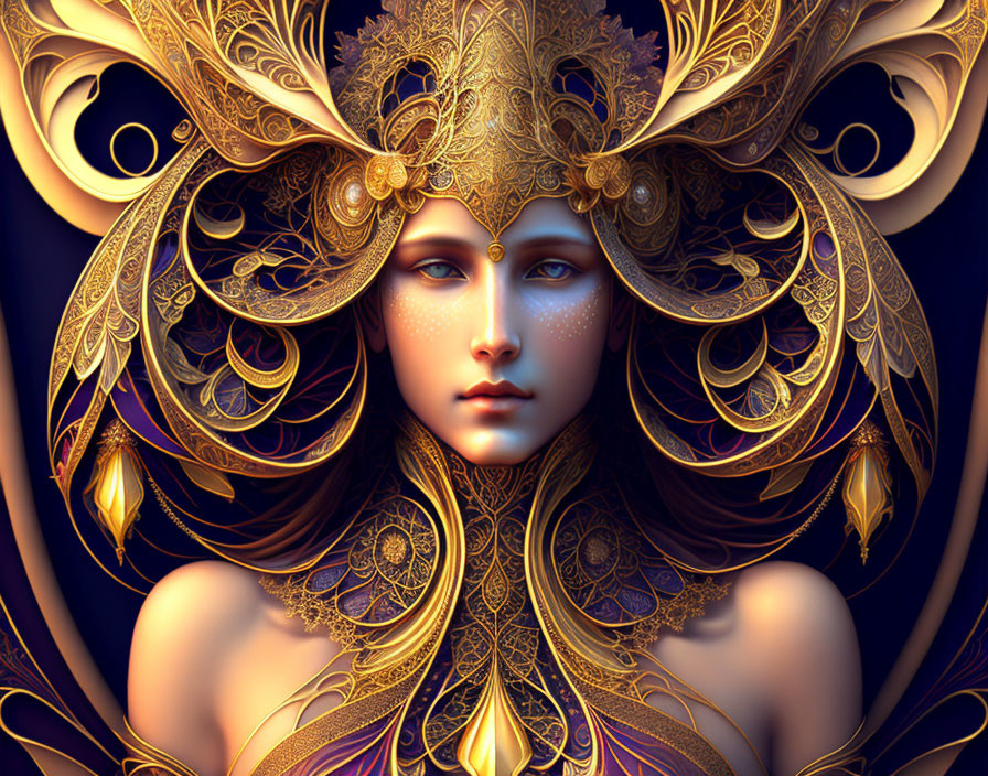 Elaborate Golden Headgear Woman Artwork on Dark Background