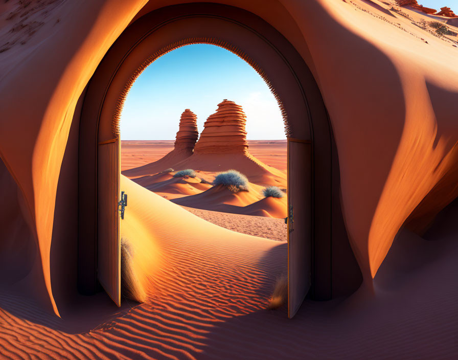 Desert landscape with sand dunes and rock formations