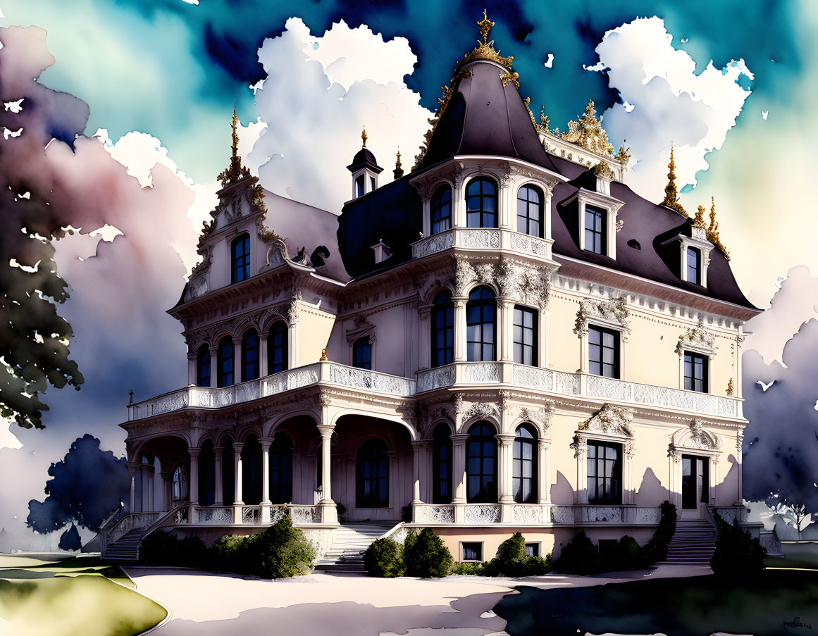 Detailed illustration of ornate mansion against blue sky